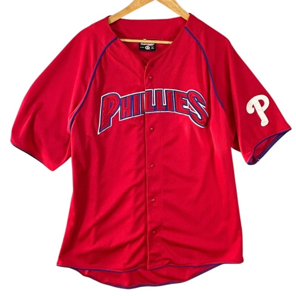 Stitches Philadelphia Phillies Baseball Jersey Red Mens XL Button Front‎ Mesh